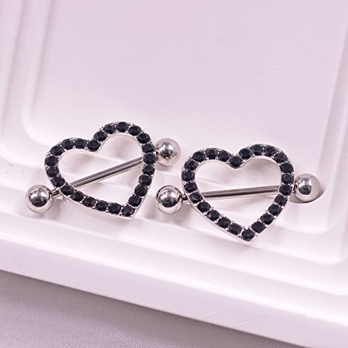VERAMI 14G Stainless Steel Heart Nipple Rings and Barbell - Butterfly, Starlight Acrylic Ball, Tongue Rings for Women and Men - color: BLACK-CZ