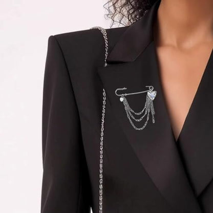 2 Pcs Chain Tassel Brooch Pins Set for Women Rhinestone Heart Flower Star Long Chain Bling Crystal Pearl Sweater Shawl Clips Punk Collar Chain Brooch Costume Jewelry - style: Style B