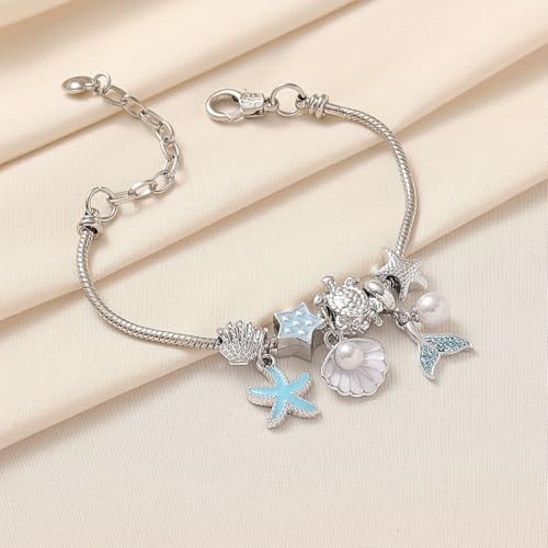 Charm Bracelet Snake Chain Ocean Theme Mermaid Tail Blue Starfish Shell Faux Pearl Turtles Beaded Adjustable Jewelry - color: Silver