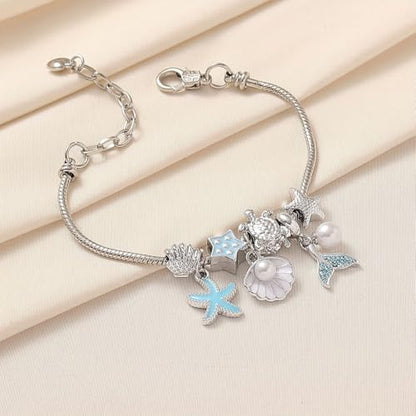 Charm Bracelet Snake Chain Ocean Theme Mermaid Tail Blue Starfish Shell Faux Pearl Turtles Beaded Adjustable Jewelry - color: Silver