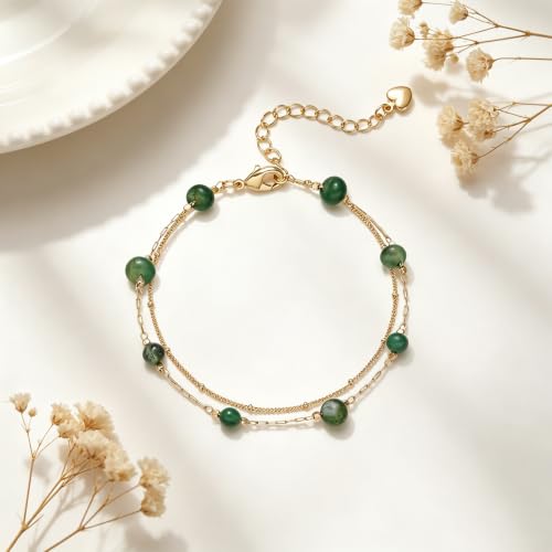 Gold Bracelets for Women Dainty 14K Gold Plated Layered Chain Bracelets Turquoise Green Aventurine Crystal Beaded Bracelets for Women - color: Green Aventurine