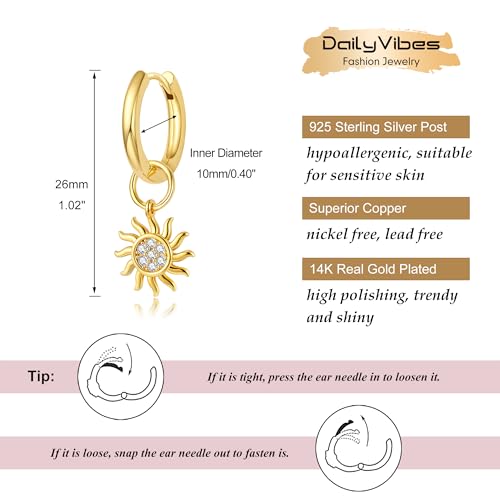 DAILY VIBES Cute Butterfly Star Cross Heart CZ Dangle Earrings for Women | 925 Sterling Silver Post, 14K Gold or Silver Plated, Mini Cubic Zirconia Dainty Drop, Cartilage Small Huggie Hoop Earrings - color: Gold Sun CZ