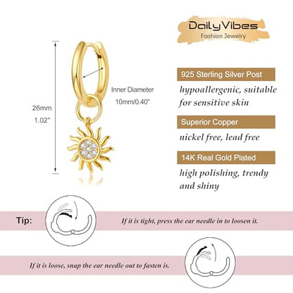 DAILY VIBES Cute Butterfly Star Cross Heart CZ Dangle Earrings for Women | 925 Sterling Silver Post, 14K Gold or Silver Plated, Mini Cubic Zirconia Dainty Drop, Cartilage Small Huggie Hoop Earrings - color: Gold Sun CZ