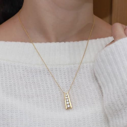 Five Stone Journey Bar Pendant Necklace Women 925 Sterling Silver 1.25 CT | Round Moissanite or Lab Grown Diamond, 14K Gold Over Sterling Silver With 18" Chain - color: Moissanite
