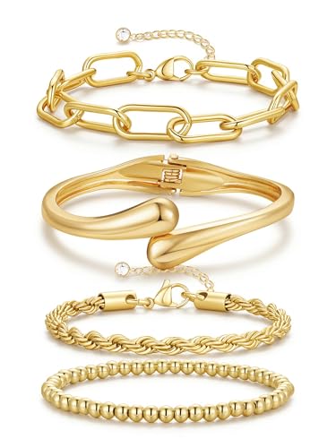 M MOOHAM Chunky Gold Bangle Bracelets for Women, Dainty 14k Gold-Plated Thicker Statement Bangles Twist Cuff Bracelet Set Stack for Women Non Tarnish Trendy Jewelry Gifts - color: 03. Chain Bracelets&Bangle-4PCS