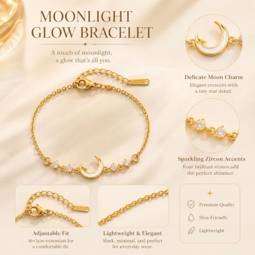 Moon Phase Bracelet Gold/Silver Opal Moon Charm Bracelet Adjustable Opal Style Crescent Charm Chain Bracelets with White Bead Accents Celestial Jewelry Outfit Accessories Gift for Women - color: B1: Gold