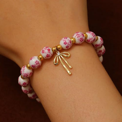 3PCS Bow Beaded Jewelry Set for Women Vintage Handmade Flower Blue And White Porcelain Enamel Ribbon Necklace Bracelet and Earrings Bow Christmas Birthday Holiday Charm Romantic Jewelry Gifts - style: Pink