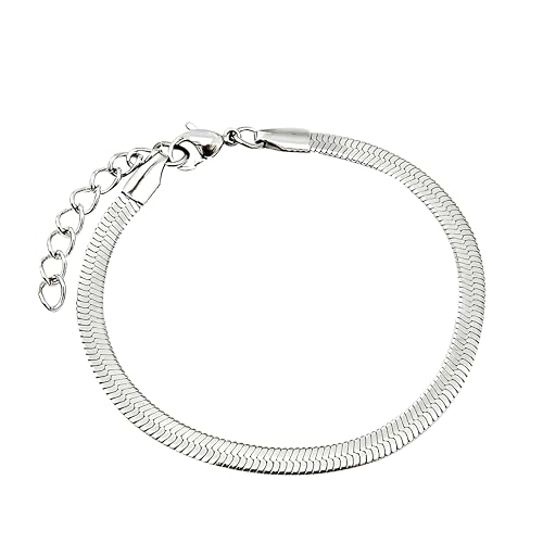 Waterproof 14K Gold Over Herringbone Chain Bracelet Anklet for Women and Men, Ankle Bracelet Premium Solid Stainless Steel (Silver) - size: 8 Inch, style: WIDTH - 4 MM