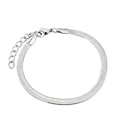 Waterproof 14K Gold Over Herringbone Chain Bracelet Anklet for Women and Men, Ankle Bracelet Premium Solid Stainless Steel (Silver) - size: 8 Inch, style: WIDTH - 4 MM