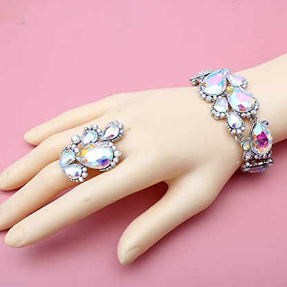Women's Wedding Bridal Austrian Crystal Glass Teardrop Statement Necklace Dangle Earrings Bracelet Ring Wedding Party Jewelry Set for Bridal Bridesmaid - color: AB Crystal-Platinum Plated