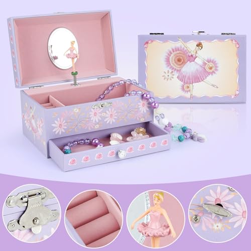 Music Jewellery Box with Drawer Necklace Bracelet, Musical Jewelry Storage Case with Spinning Ballerina Gift Set for Kids Girls Children Daughter (Pink Dancer) - color: Pink Dancer