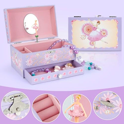 Music Jewellery Box with Drawer Necklace Bracelet, Musical Jewelry Storage Case with Spinning Ballerina Gift Set for Kids Girls Children Daughter (Pink Dancer) - color: Pink Dancer