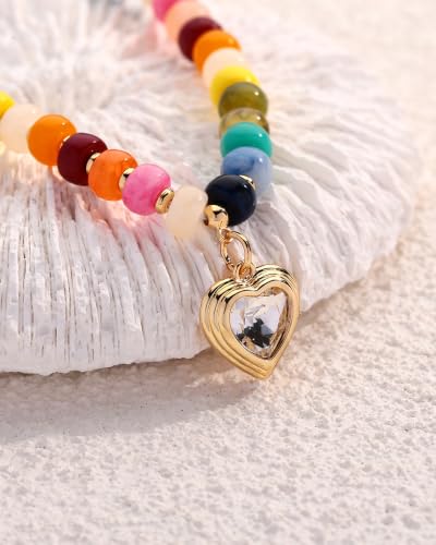 Boho Beaded Choker Necklaces for Women with A Gold Heart CZ - color: Colorful