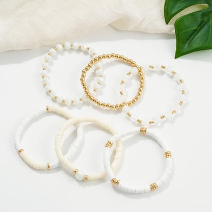 Boho Beaded Stretch Bracelets For Women Stackable Crystal Gold Plated Beaded Bracelets Set Trendy Handmade Friendship Braeclet Jewelry Gifts - color: F-XWhite 6pcs