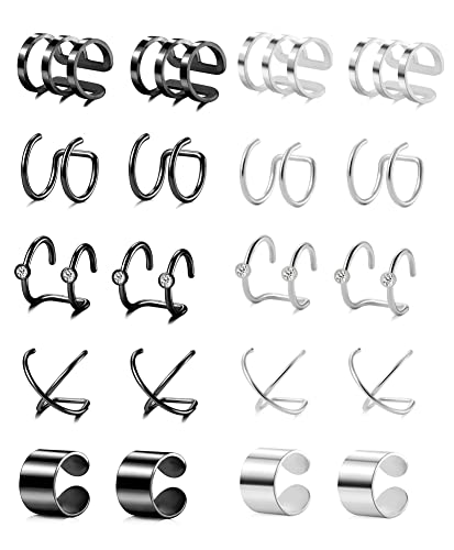 4-10 Pairs Stainless Steel Ear Cuff Helix Cartilage Clip On Wrap Earrings Fake Nose Ring Non-Piercing Adjustable - color: F1:10 Pairs, Silver&Black Tone