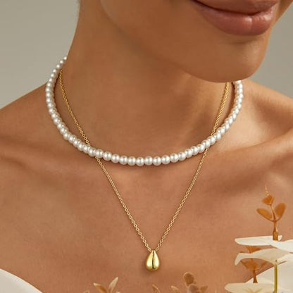 Dainty Pearl Pendant Necklaces for Women 14K Gold Plated Handmade Layered Pearl Chain Necklace Delicate Layered Pearl Necklace Everyday Jewelry Gift - color: pearl choker
