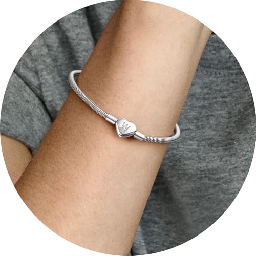 Initial Bracelet Heart Clasp Stainless Steel Snake Chain Alphabet Letter Charm Gift for Women Mom Girlfriend Wife - style: W