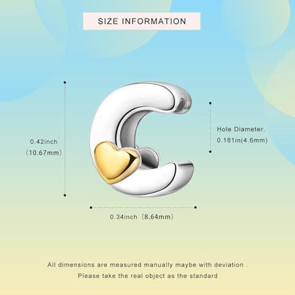 Two-Tone Gold Heart S925 Silver Letter Charm Fits Pandora Bracelet Necklace | Initial Bead Two-Tone Gold Heart, DIY European Bracelet Accessory, Gift for Ladies Birthday Anniversary Valentine - style: C