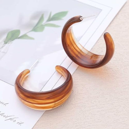 Punk Turquoise Hoop Earring Chunky Acrylic Hoop Earrings Blue Turquoise Circle Earring Acrylic Resin Hoops Earrings Wide C Shape Western Statement Jewelry for Women - color: Brown