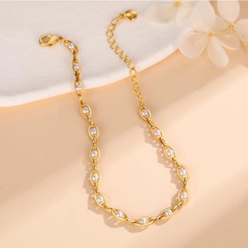 Gold Pearl Bracelet for Women, 18K Gold Plated Dainty Pearls Beaded Chain Bracelet Jewelry Gifts for Women - color: A-Gold 1