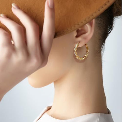 ENROSE Gold Hoop Earrings 14K Gold Earring for Women | Twisted Gold Hoop Earrings Minimalist Diamond Earring Jewelry 29mm*4mm - style: B-GD