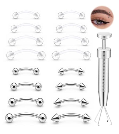 14/16G Eyebrow Piercing Jewelry Set with Tool, Stainless Steel Curved Barbells with Clear Piercing Retainers for Surgery, Ball & Spike Ends, 6/8/10/12mm Eyebrow Rings for Women Men - color: Silver-16pcs-14G