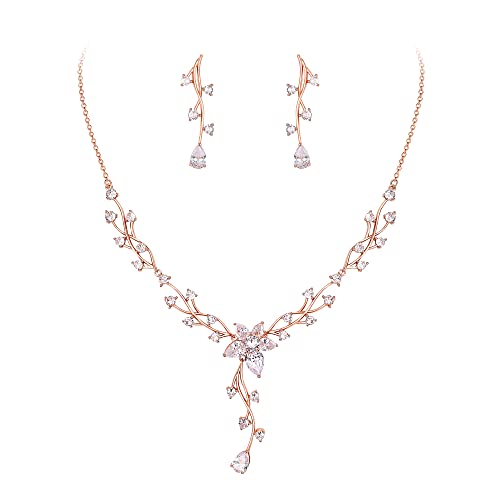 Crysdue Women's Wedding Bridal Jewelry Set for Brides Bridesmaids Cubic Zirconia Flower Leaf Vine Necklace Dangle Earrings for Prom Party - style: 13-rose gold