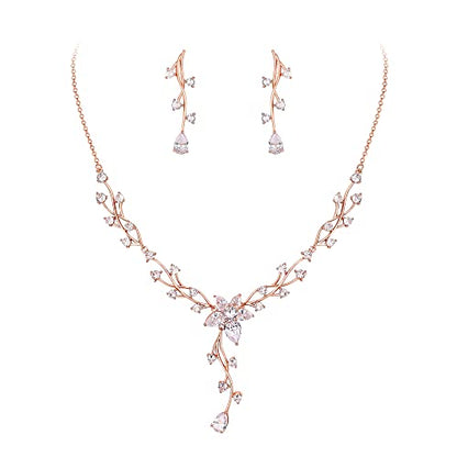 Crysdue Women's Wedding Bridal Jewelry Set for Brides Bridesmaids Cubic Zirconia Flower Leaf Vine Necklace Dangle Earrings for Prom Party - style: 13-rose gold