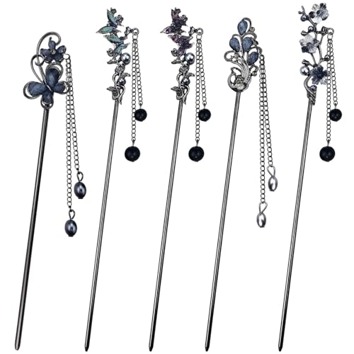 5PCS Butterfly Flower Hair Sticks for Buns Long Hair Retro Vintage Asian Chinese Traditional Hanfu Vintage Floral Metal Hairpins Hair Accessories for Women Girls - color: 5pcs Black