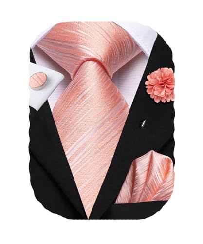 Hi-Tie Men's Silk Ties Formal Woven Classic Necktie Pocket Square Cufflinks Lapel Pin Set Wedding Business - color: A Pink