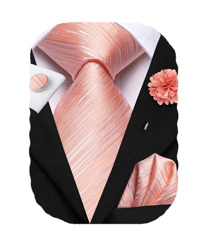 Hi-Tie Men's Silk Ties Formal Woven Classic Necktie Pocket Square Cufflinks Lapel Pin Set Wedding Business - color: A Pink
