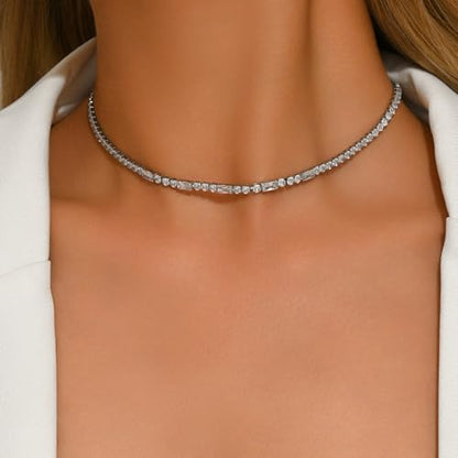 Tennis Necklaces for Women 18K Gold Plated White Red Green Blue Cubic Zirconia Necklaces Dainty Rhinestone Choker Necklaces Trendy Faux Diamond Tennis Chain 3mm - color: White Tennis Choker -White Gold