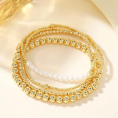 14K Gold Plated Beaded Bracelets Stack Set for Women,Stretch Boho Ball Jewelry Friendship Trendy - color: Pearl