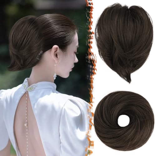 BARSDAR Straight Brown Hair Bun Extension - Synthetic Elastic Messy Ponytail Scrunchie for Women - Short Daily Hairpiece - Dark Brown Mixed - color: Dark Brown Mixed, size: 1 Count - Elastic