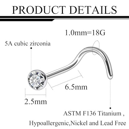 ASTM F136 Titanium Nose Rings 18G 20G 22G Jeweled Clear Cubic Zirconia Nose Studs Ring Screw L-Shaped Bone Hypoallergenic Body Piercing Jewelry for Women 1.5mm 2mm 2.5mm 3mm 10PCS - style: Screw:18G(1.0mm)-2.5mm CZ
