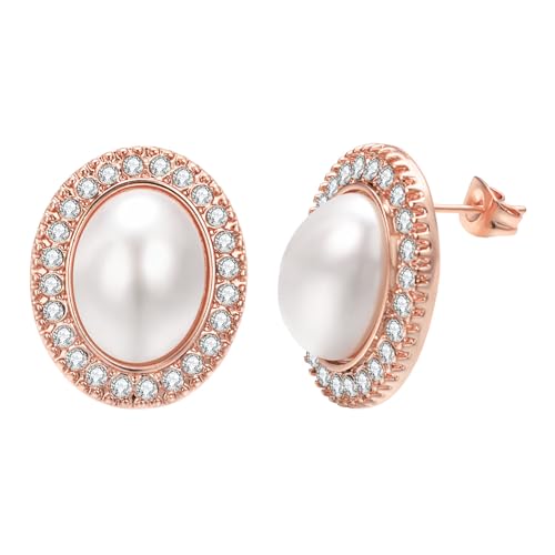 Pearl and Rhinestone Stud Earrings for Women Retro Statement Earrings Wedding Party Prom Jewelry - color: Mabe Pearl-Rose Gold