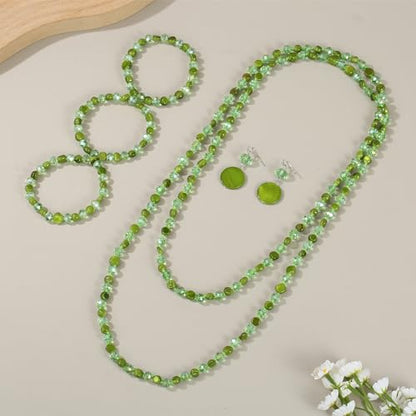 Trendy Infinity Wrap 60’’ Long Statement Necklace, Earrings and Bracelet Set - Hand Knotted Versatile Crystal and Shell Beads Strand Necklace and Chunky Beaded Stretch Bracelet Stack – Jewelry Set Gift for Women - color: green