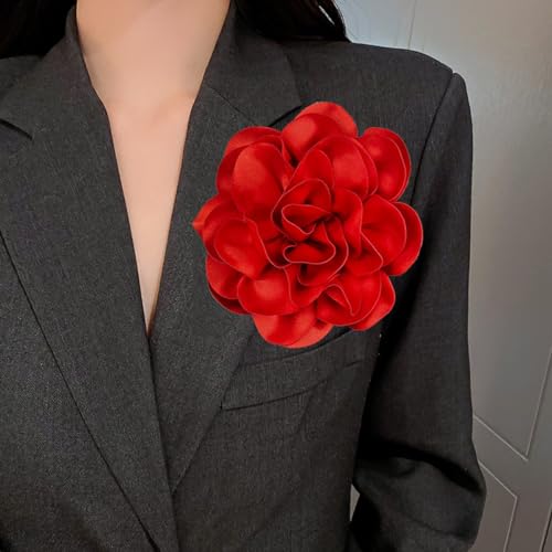 Dainty Satin Fabric Rose Flower Brooches 7.5in Extra Large Big Camellia Flower Brooches Lapel Pins for Women Wedding Party Dance Dress Clothes Accessories - color: Red