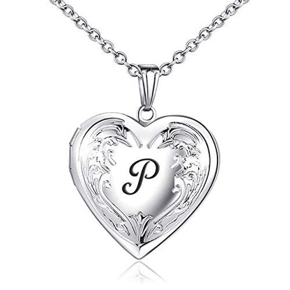 YOUFENG Locket Necklace that Holds Pictures Initial Alphabet A-Z Letter Pendant Necklace Platinum Plated Gifts for Women - style: P