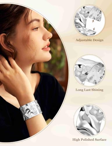 2 Pcs Gold Cuff Bangle Bracelet Set for Women Irregular Minimalist Statement Bangle Bracelets Wide Open Chunky Wire Bracelets Wrist Cuff Adjustable Hammered Bracelet - color: Silver E
