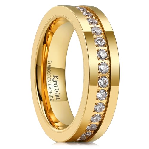 King Will Mens Tungsten Wedding Band with Cubic Zircon Inlay 7mm/8mm Flat Cut Comfort Fit Engagement Rings - color: Gold&White-6mm