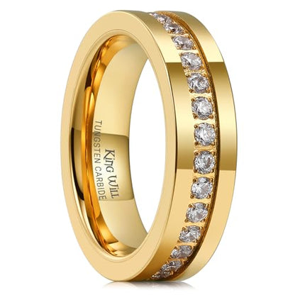 King Will Mens Tungsten Wedding Band with Cubic Zircon Inlay 7mm/8mm Flat Cut Comfort Fit Engagement Rings - color: Gold&White-6mm