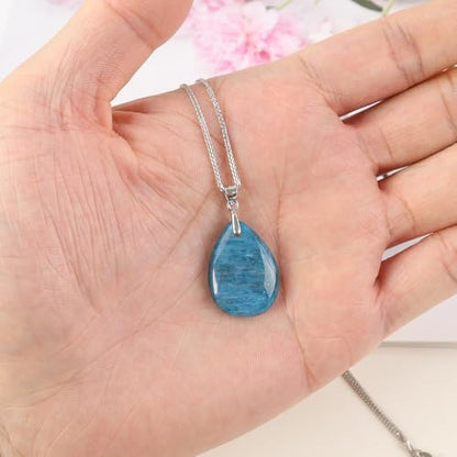 iSTONE 925 Sterling Silver Natural Crytral for Womens Pendant Necklace, Gemstone Birthstone with 17.8" Silver Chain Ladies - color: Apatite
