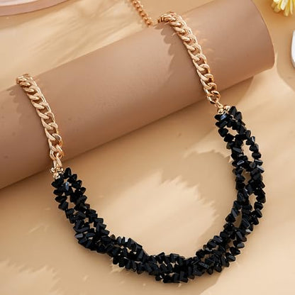 Crystal Statement Necklace with Gold Chain, Black and Clear Crystal Clusters, Chunky Curb Link Design, Fashion Jewelry for Women - color: Black