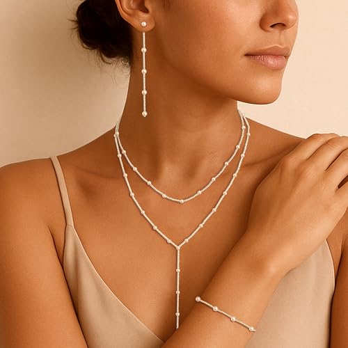 Zeffy Gold Pearl Necklace for Women, Dainty 14K Gold/Silve Plated Layered Pearl Choker Pearl Earrings Pearl Bracelets Wedding Trendy Gold Jewelry Set for Women Gifts - style: Silver Pearl Y Necklace&Drop Earrings&Bracelet-3PCS