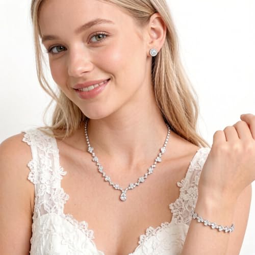 Silver Tennis Necklace and Bracelet Set for Women Wedding Jewelry Sets for Brides Earrings Prom Bridesmaid Jewelry - color: Silver03