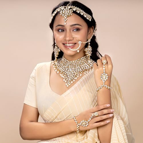 Aheli Bollywood Style Indian Bridal Choker Necklace Matha Patti Nose Ring Haath Phool Wedding Fashion Bharatanatyam jewellery set for Women - color: White
