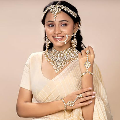 Aheli Bollywood Style Indian Bridal Choker Necklace Matha Patti Nose Ring Haath Phool Wedding Fashion Bharatanatyam jewellery set for Women - color: White