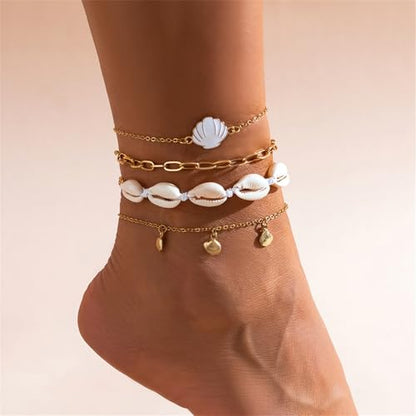 Shell Ankle Bracelet Set for Women,Boho Adjustable Beads Anklet Pack Natural White Shells Stack Stretch Seashell Pearl Starfish Bracelet Set Hawaiian Beach Vacation Foot Jewelry - style: A-Shell 4Pcs