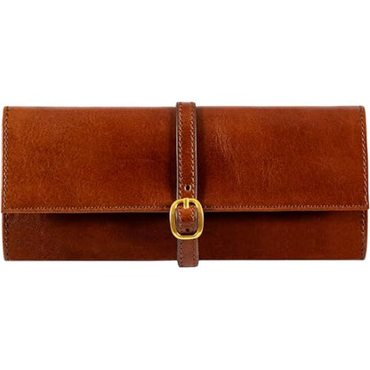 Time Resistance Leather Jewelry Roll - Full Grain Leather Travel Jewelry Case - Jewellery Organizer Made in Italy (Cognac Brown) - color: Cognac